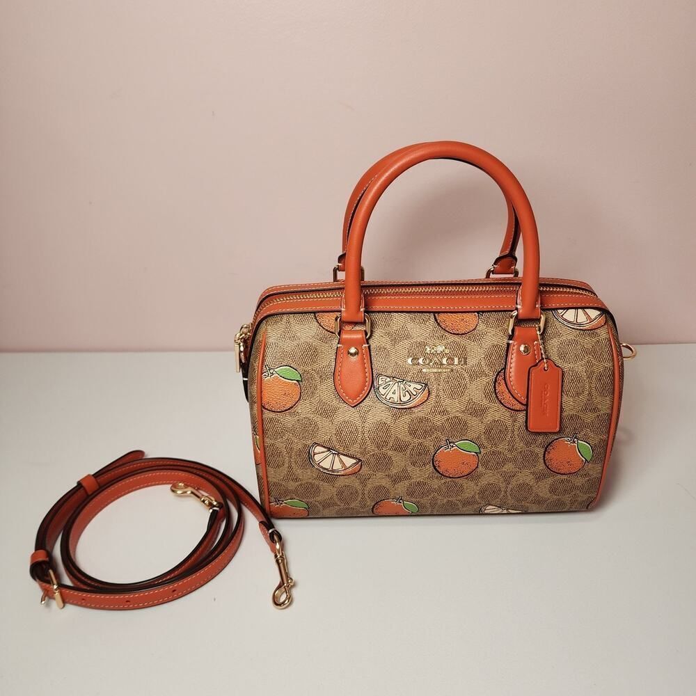 Coach Rowan Satchel Bag In Signature Canvas With Orange Print CAQ61